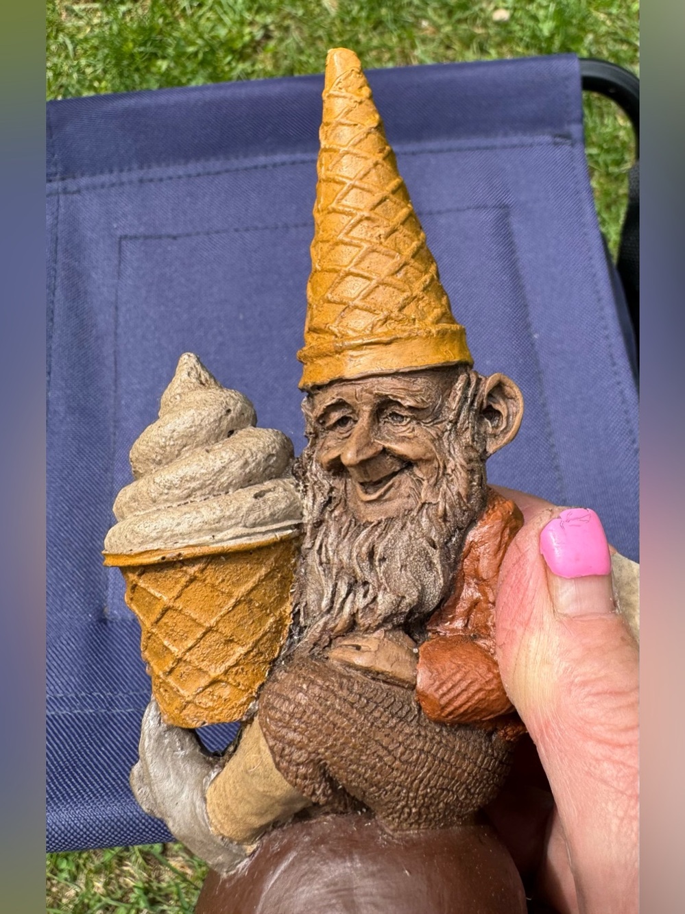 Hand-Painted Gnome Sculpture in Brown & Tan Featuring Ice Cream Cone
